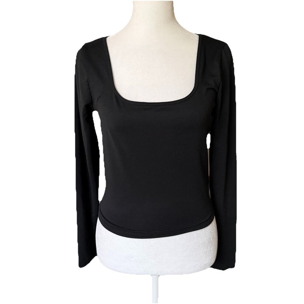 Hollister Womens Medium Crop Top Long Sleeve Black Solid Square Neck Tee Basic